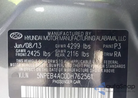 2013 Hyundai Sonata Gls из США, поврежденный, VIN 5NPEB4AC0DH762561